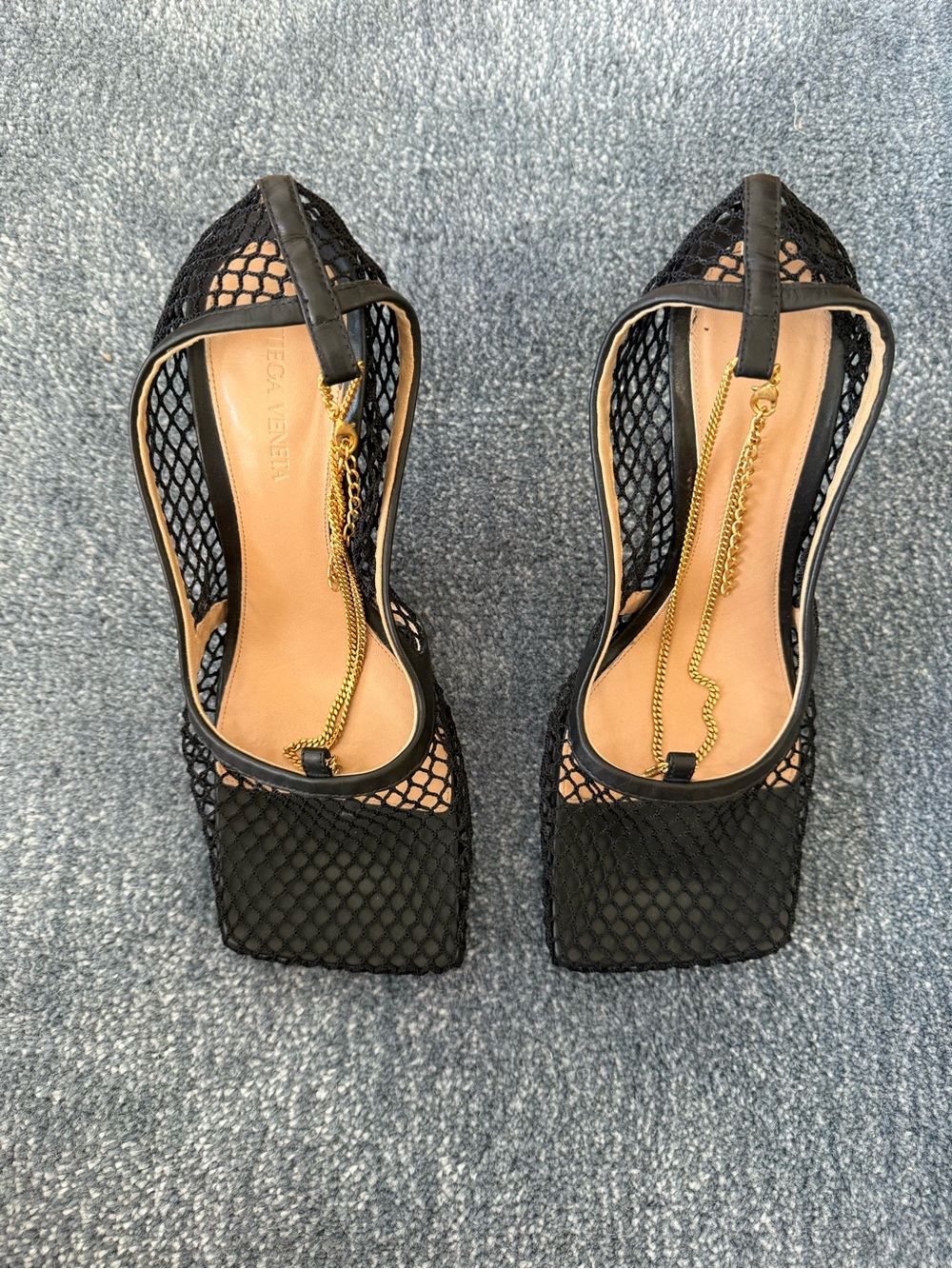 Bottega Veneta Black Mesh Square-Toe Slingback Heels with Gold Chain